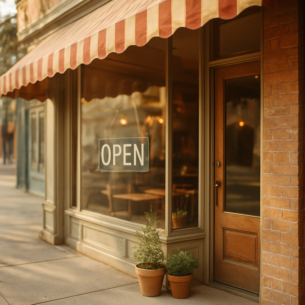 A welcoming local cafe storefront with a striped awning and an OPEN sign in the window
